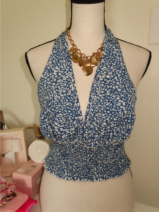 SHEIN Tops - SHEIN Blue and White Halter Smocked Waist Cami